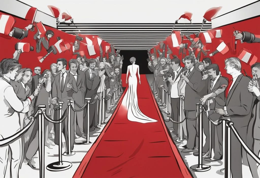 Glamouröses roter Teppich-Event mit dem bekanntesten Promis Deutschlands, umgeben von Paparazzi und Fans.