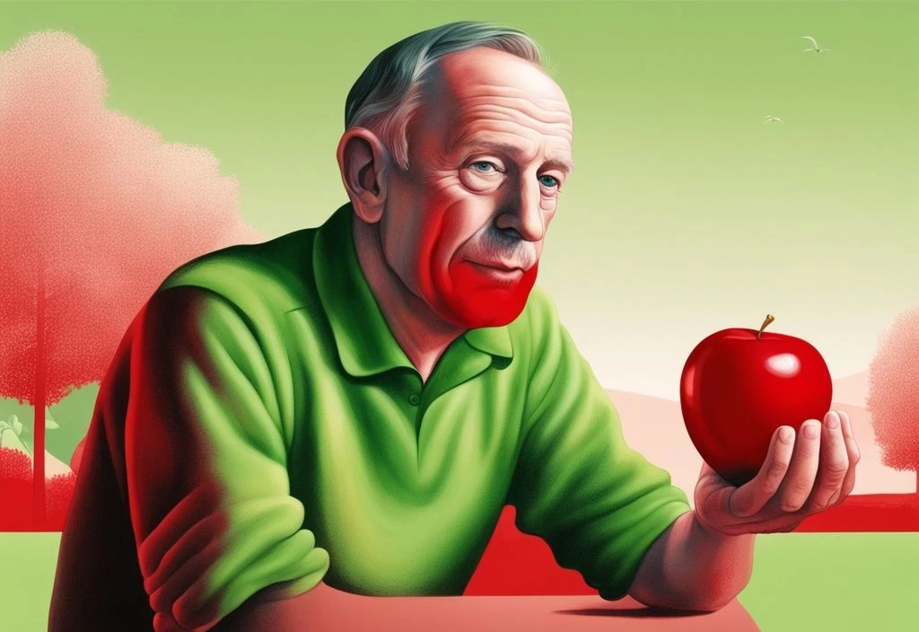 Heinz Hönig in einer friedlichen Umgebung, hält einen grünen Apfel als Symbol für seinen gesunden Lebensstil, Hauptfarbthema Rot, Heinz Hönig Gesundheitszustand.