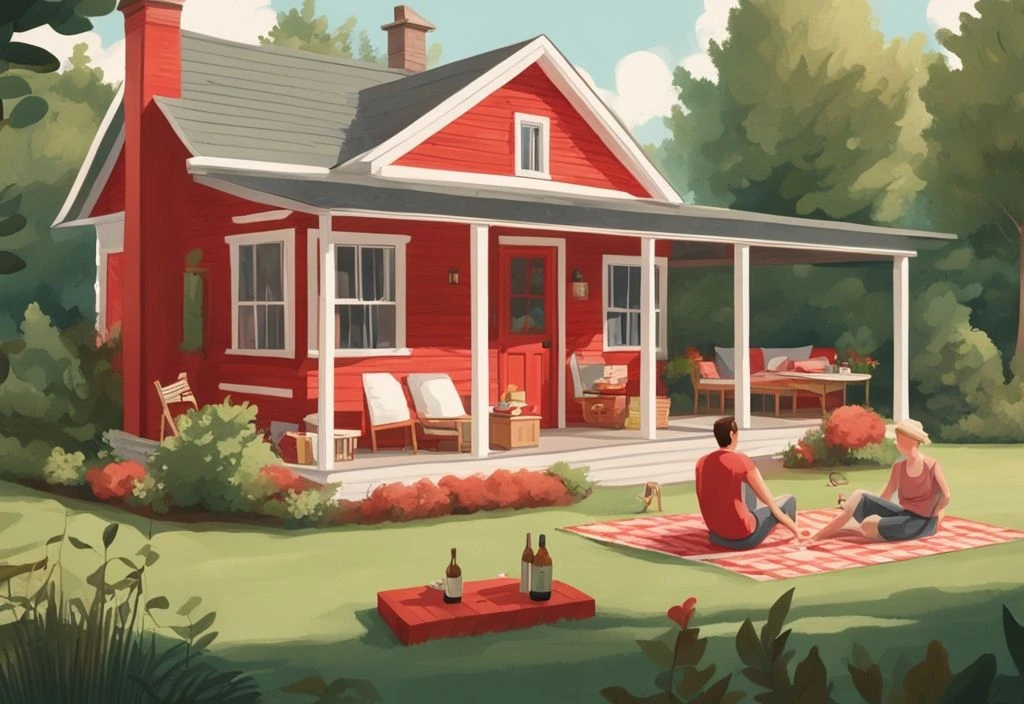 Realistische Illustration eines gemütlichen Sommerhauses, umgeben von grüner Landschaft, mit einer vierköpfigen Familie beim Grillen, Spielen und Entspannen; das Sommerhaus der Normalos.
