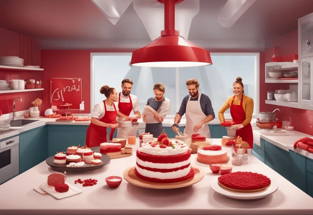 Berühmtheiten beim Backen und Dekorieren von Kuchen in einer modernen Küche, mit dem Banner "Das große Promibacken 2025" im Hintergrund. Hauptfarbthema rot.
