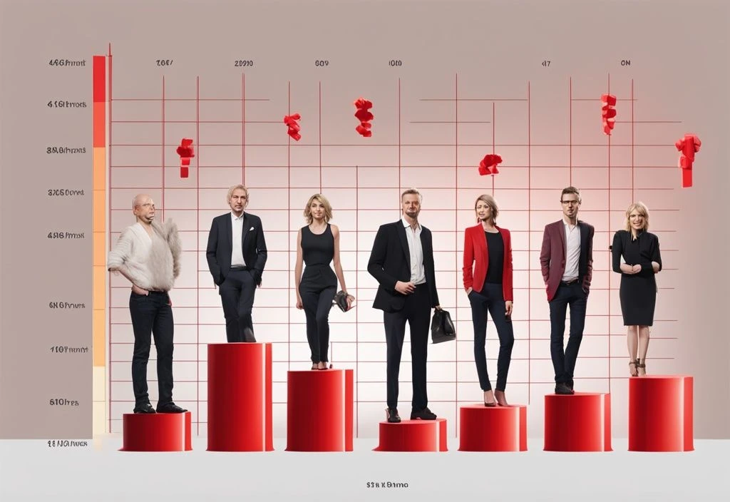 Realistische Illustration von bekannten deutschen Prominenten mit roten Farbtönen, neben Balkendiagrammen, die ihr Einkommen darstellen, um die Frage zu beantworten: was verdienen Prominente in Deutschland.