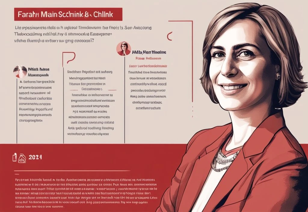 Realistische Illustration von Farah Schlink mit rotem Farbschema, zeigt ihre Biografie mit wichtigen Lebensereignissen und Erfolgen im Hintergrund.