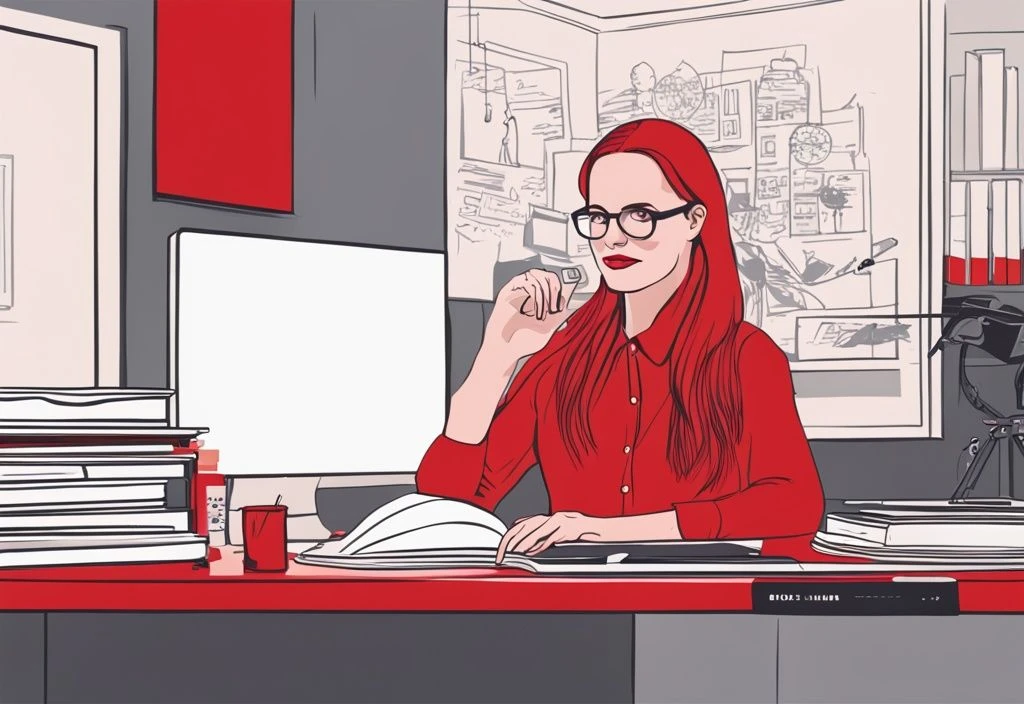 Realistische Illustration von Ines Rothmeier in einem professionellen Umfeld mit roten Farbtönen, umgeben von Elementen, die wichtige Momente aus der Ines Rothmeier Biografie darstellen.